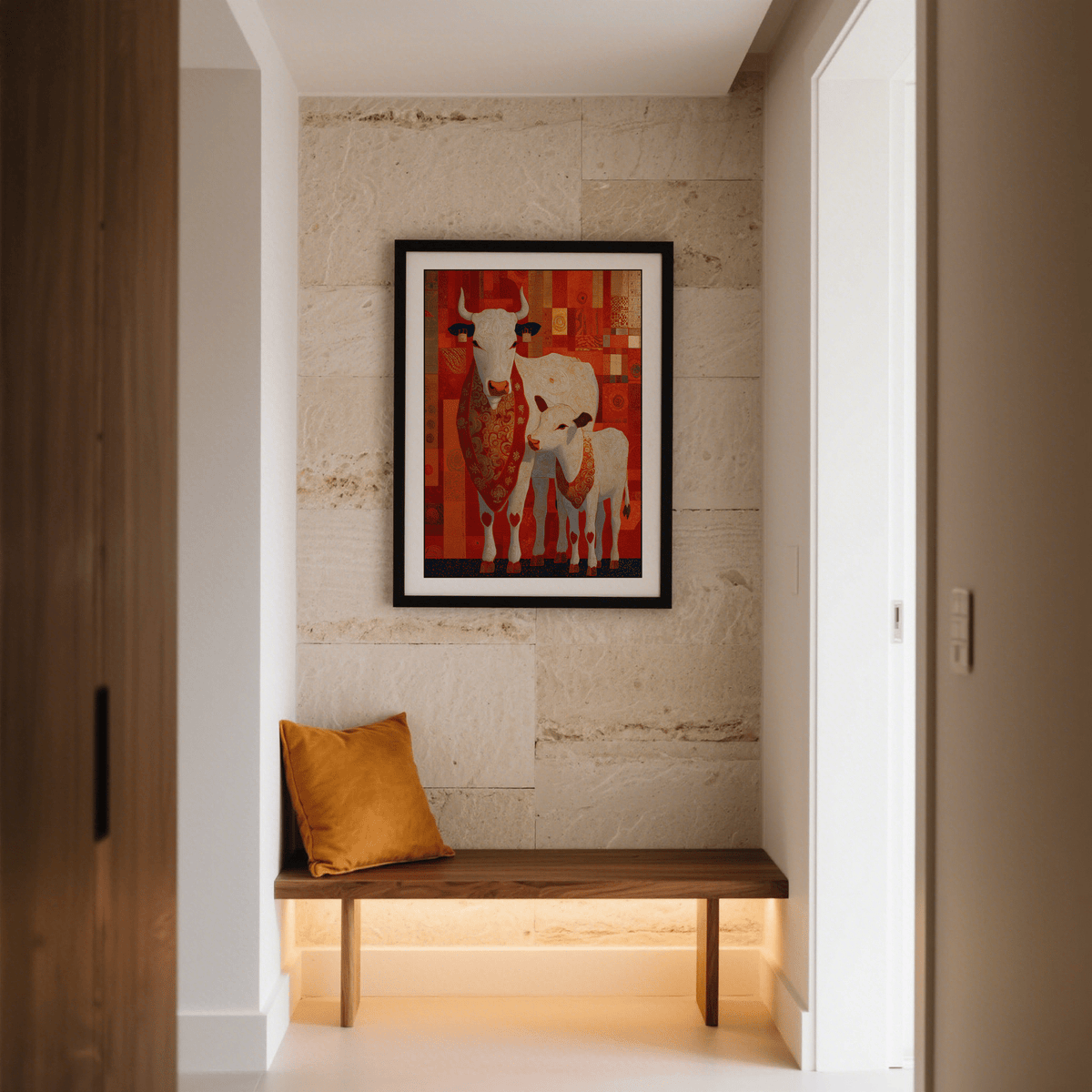 Vertical art piece showcasing cultural textile motifs around cow figures