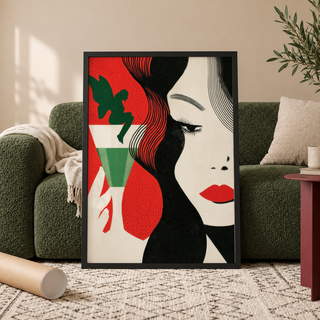 Illustrated cocktail woman wall art with winged figure perched on glass