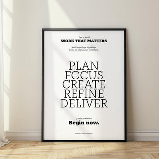 Black and white motivate quote poster with bold minimalist typography for office decor.