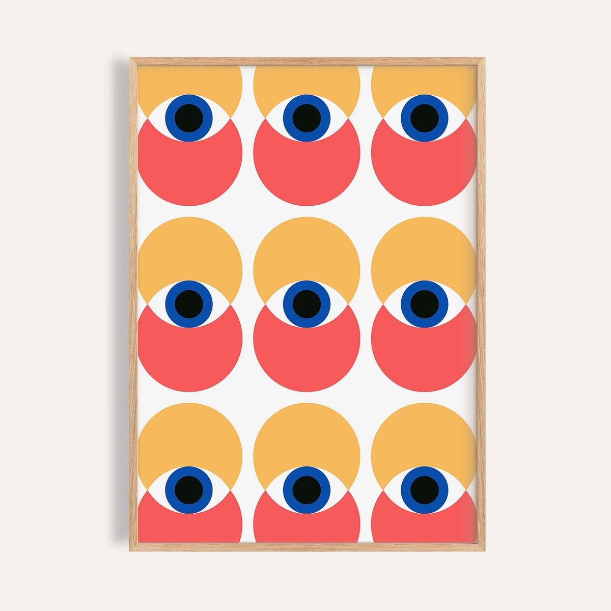 Colorful wall art eye poster with Bauhaus-style shapes for a modern office