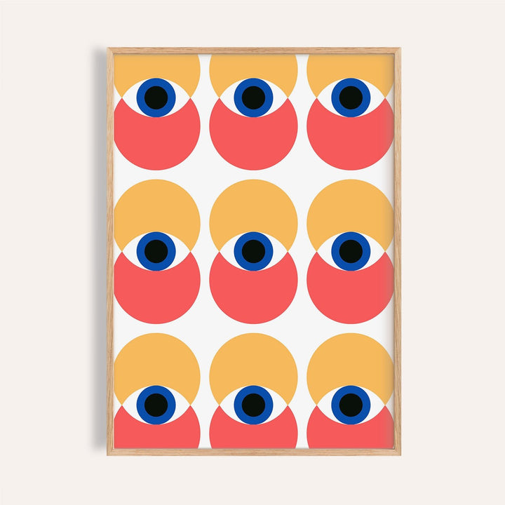 Colorful wall art eye poster with Bauhaus-style shapes for a modern office