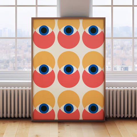 Modern Bauhaus furniture group-inspired poster with colourful geometric shapes for living room decor