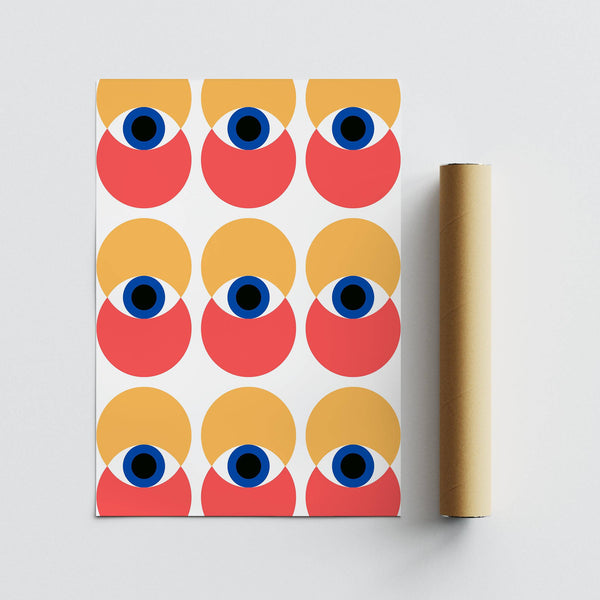 Central eye element in wall art eye poster styled in a creative workspace