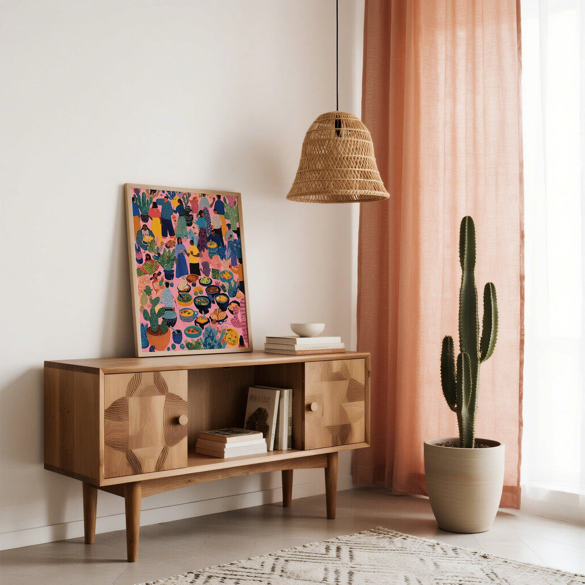 Artwork from Mexico showing traditional bowls of food and cactus plants.