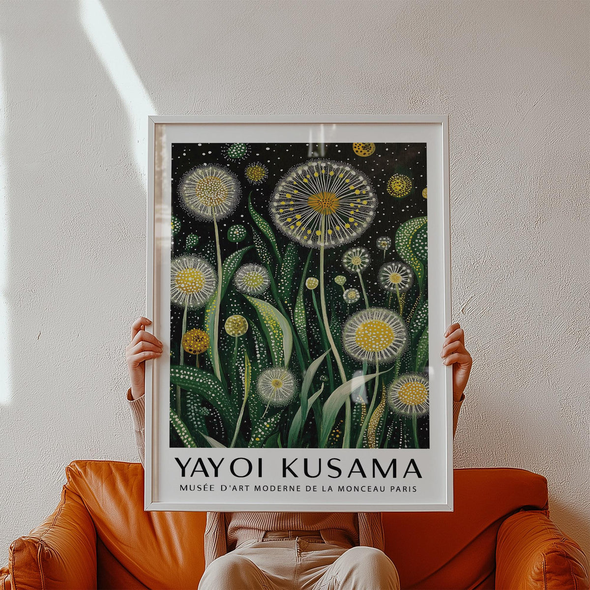 Modern floral wall art with dandelions and layered greenery on black background.