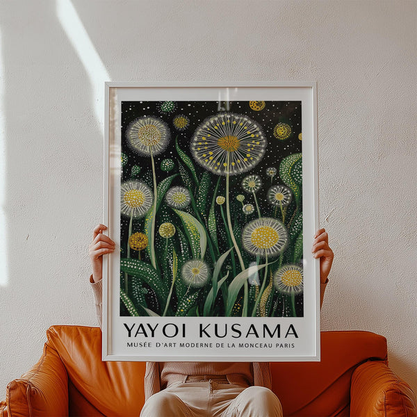 Modern floral wall art with dandelions and layered greenery on black background.