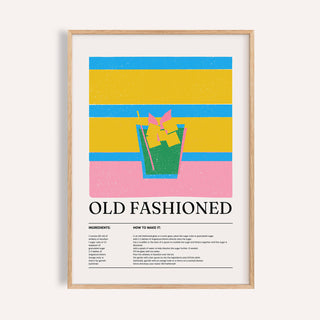 Framed Drink Wall Art for Kitchen with Old Fashioned cocktail illustration in yellow, blue and pink