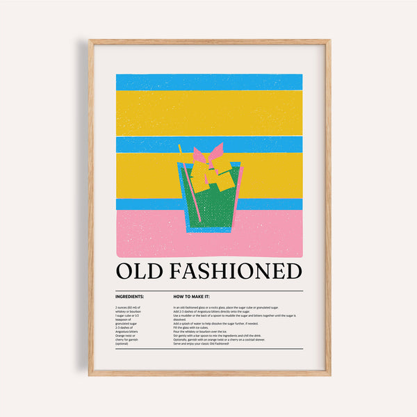 Old Fashioned drink wall art for kitchen with yellow and blue stripes

