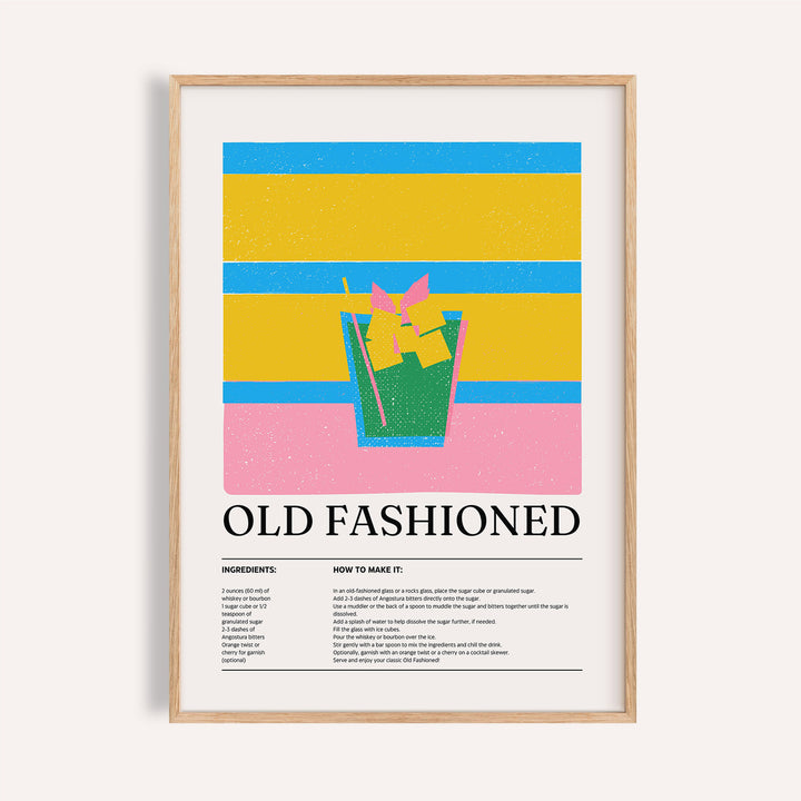 Old Fashioned drink wall art for kitchen with yellow and blue stripes

