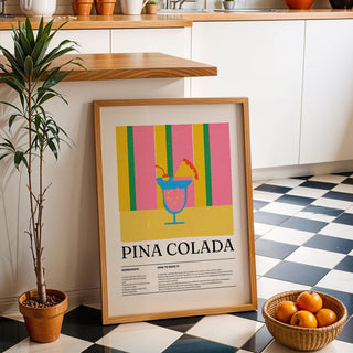 Kitchen wall decor print of a Piña Colada drink in a bright tropical style.