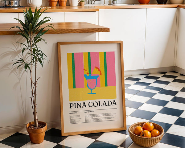 Kitchen wall decor print of a Piña Colada drink in a bright tropical style.