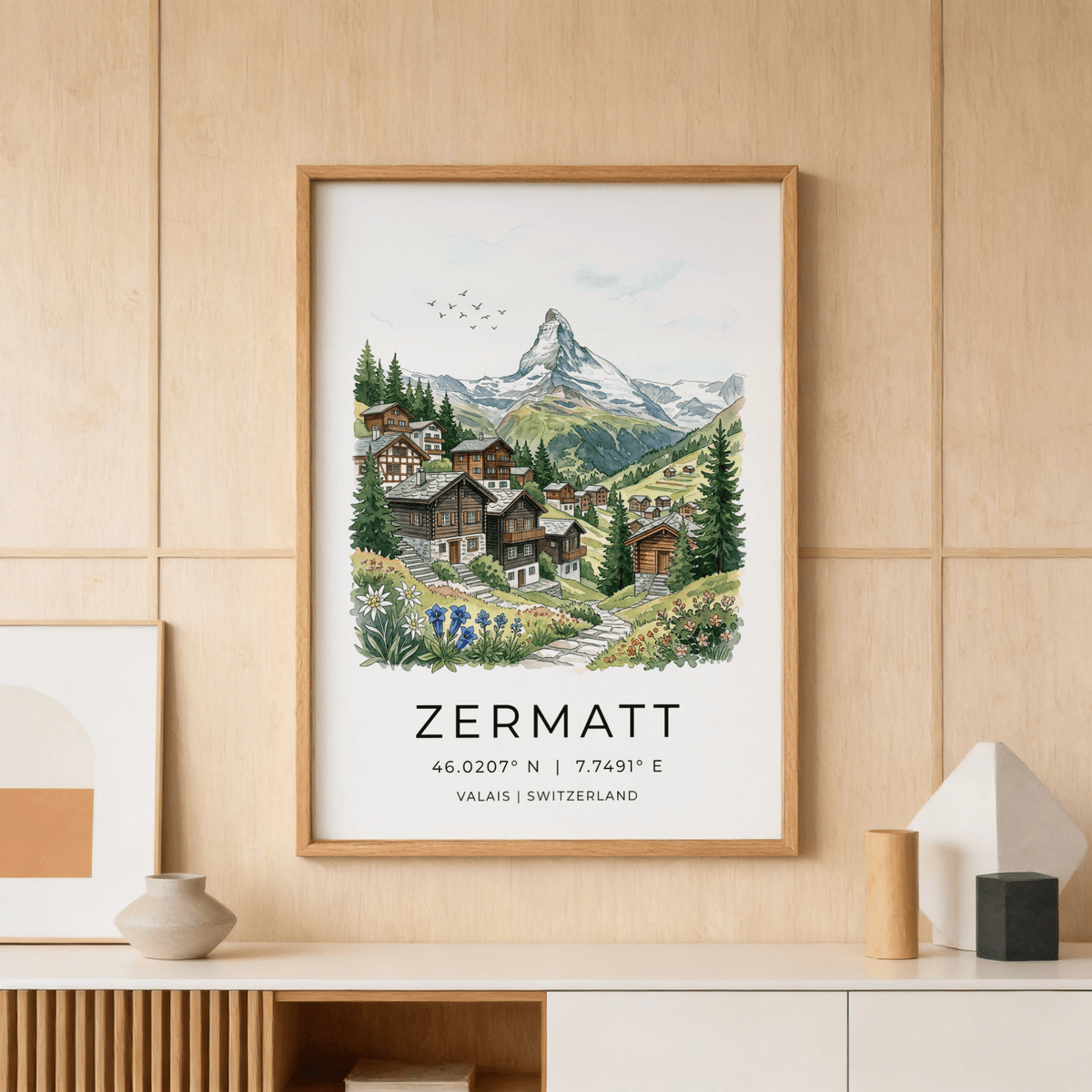 Watercolor landscape print of Zermatt village chalets, pines, and wildflowers