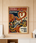 Bold Chicago Jazz Festival Print wall art showing jazz band with upright bass and drum kit