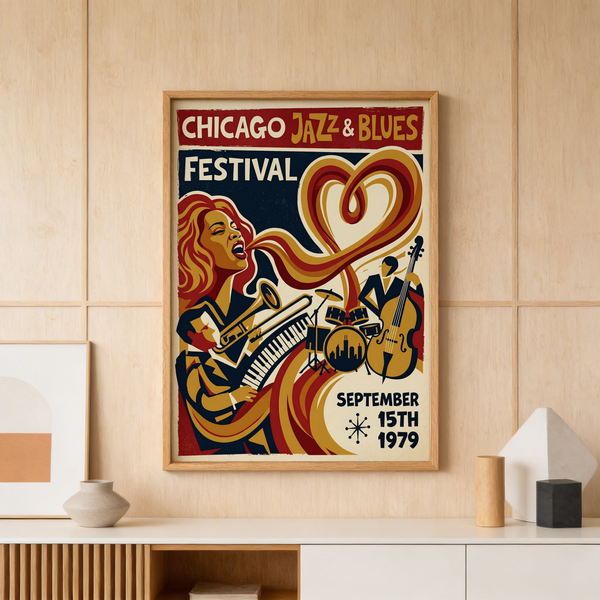 Bold Chicago Jazz Festival Print wall art showing jazz band with upright bass and drum kit