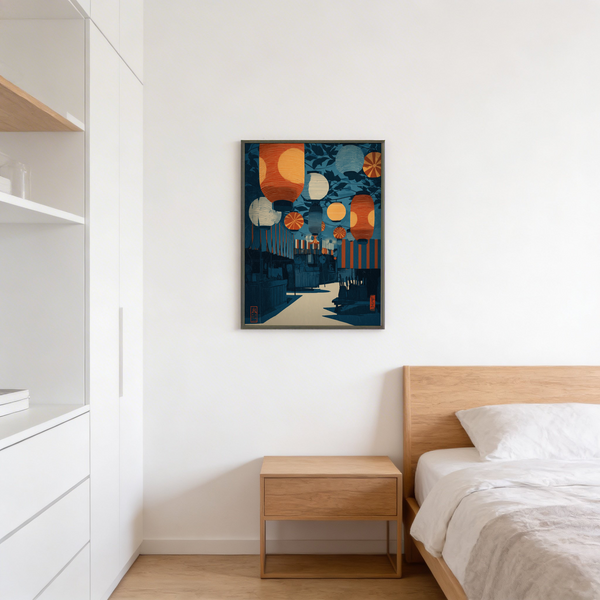 Night festival illustration poster with lantern clusters, awnings, and shadowed storefronts