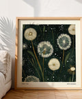 Botanical print featuring dandelions against a green backdrop.