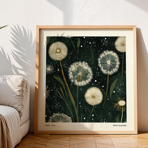 Botanical print featuring dandelions against a green backdrop.