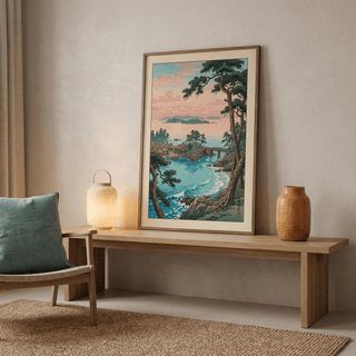Japanese woodblock-style coastal poster with pine trunk foreground and bay scene beyond