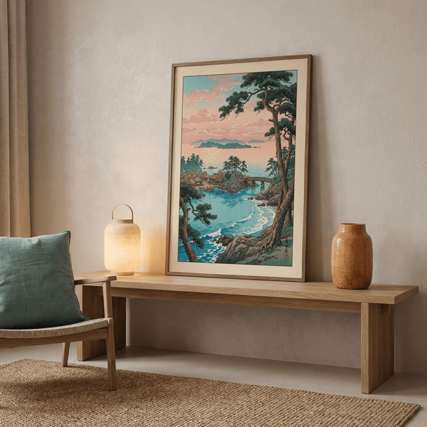Japanese woodblock-style coastal poster with pine trunk foreground and bay scene beyond