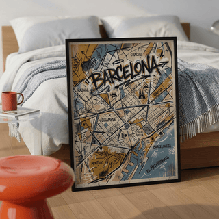Sketch-style Barcelona City Map Art poster with district names and coastal water forms