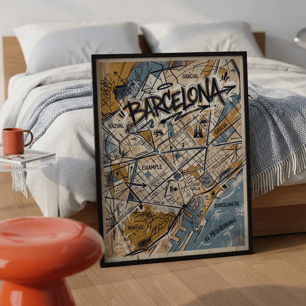Sketch-style Barcelona City Map Art poster with district names and coastal water forms