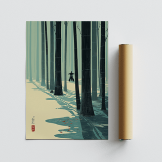Calm Japanese Bamboo Wall Art poster with bamboo trunks and soft shadows