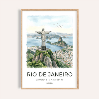 Watercolor Rio de Janeiro wall art print with Christ the Redeemer statue and bay