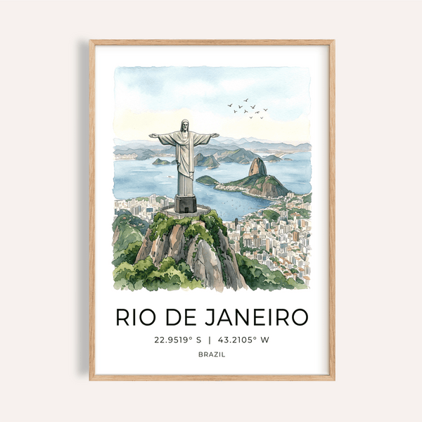 Watercolor Rio de Janeiro wall art print with Christ the Redeemer statue and bay