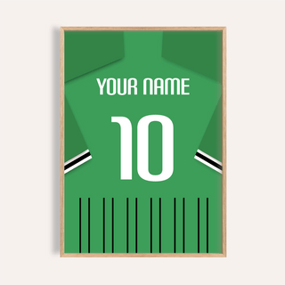 Framed Football Shirt Poster in Green with Black and White Sleeve Stripes showing the back with number 10 and customizable name