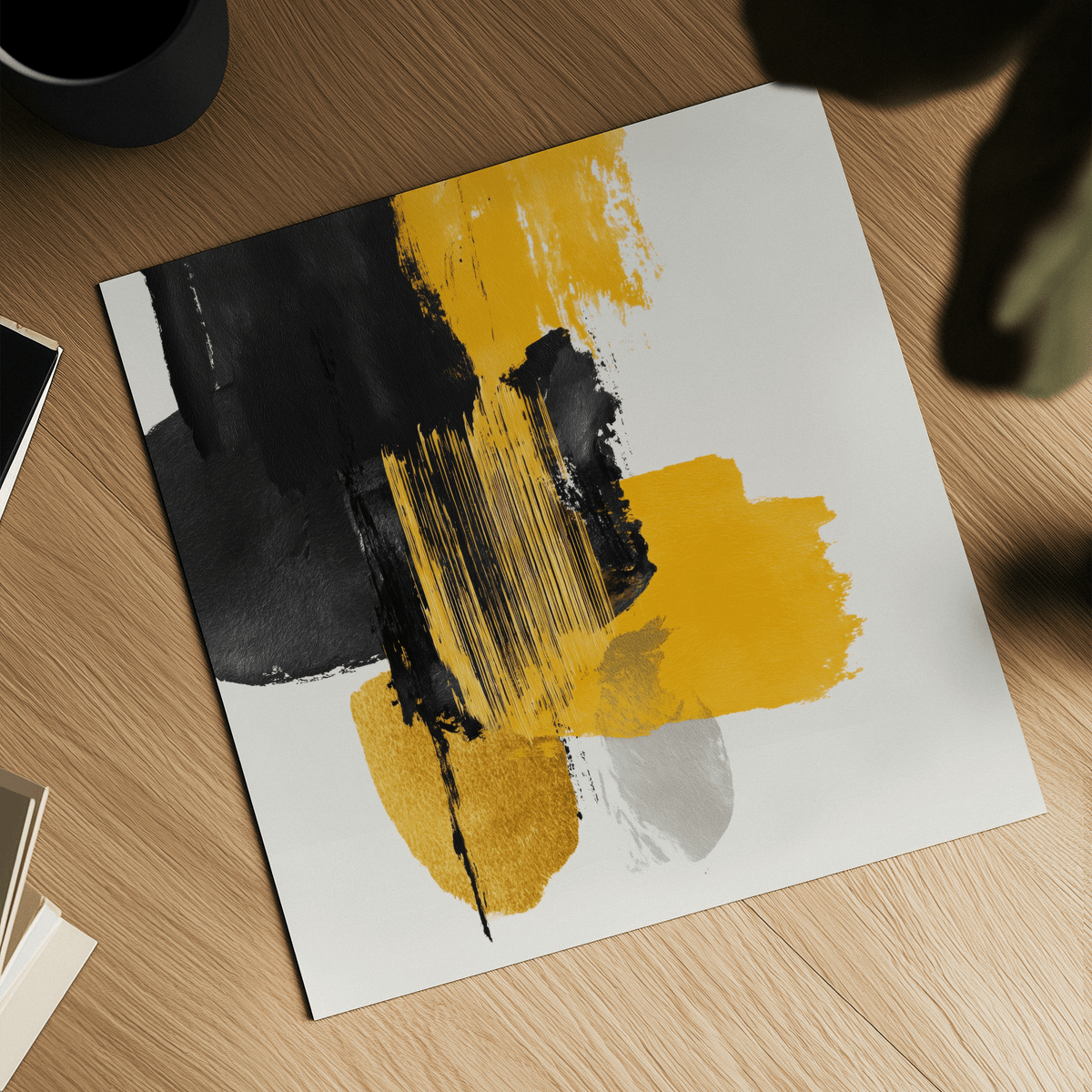 Bold Abstract Poster Art with yellow, black color palette for dining area