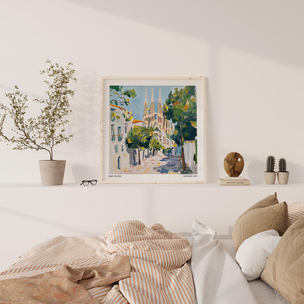 Painterly cityscape of Barcelona featured in our Travel Wall Art collection.