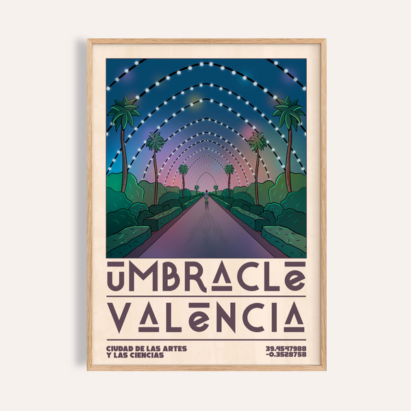 Valencia City Poster showing palm-lined walkway under dotted arches