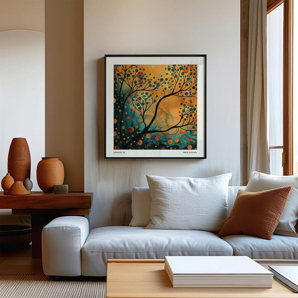 Minimalist orange and teal wall art in abstract forest landscape style