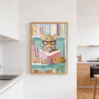 Painted animal wall art print with leopard face, spotted paws, and open book
