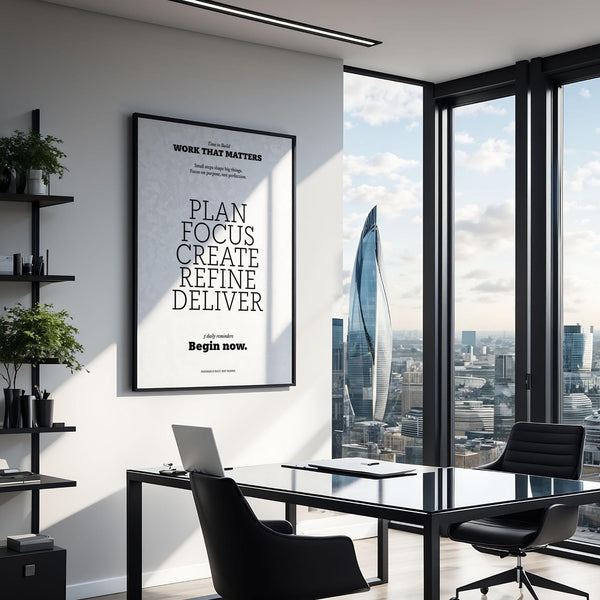 Motivational wall art featuring a powerful motivate quote poster for workspace inspiration.