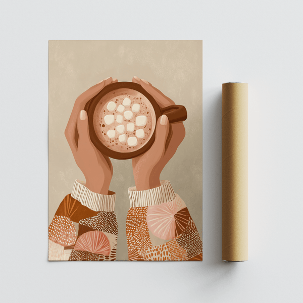 Cute Coffee Art Print with warm brown colors for office wall art