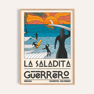 Surfing Sunset Print travel poster with orange sun and blue waves