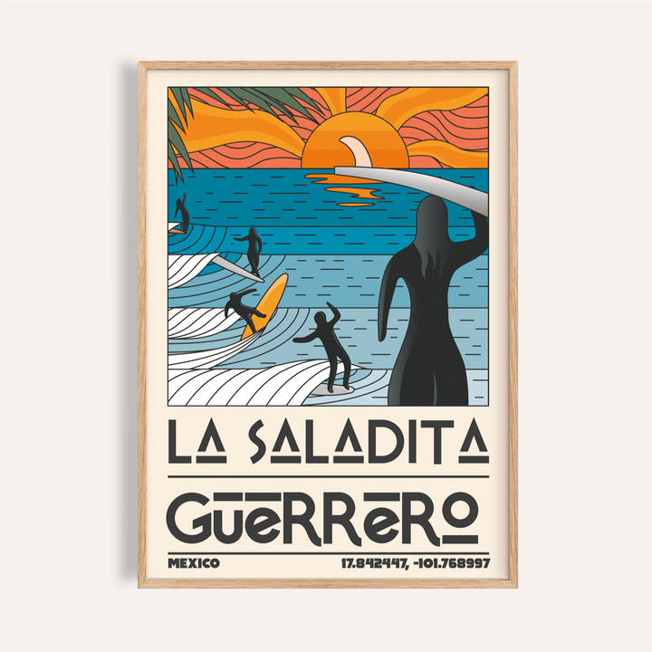 Surfing Sunset Print travel poster with orange sun and blue waves