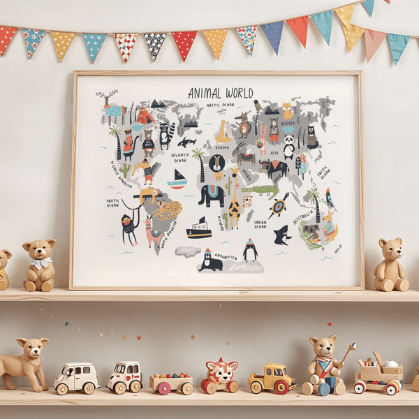 Playroom wall poster World Map for Kids in Gray and White colors