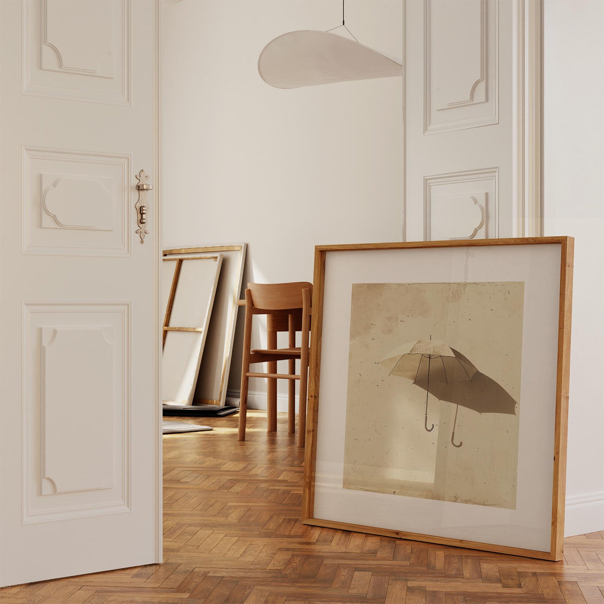 Square conceptual print of a surreal umbrella defying logic
