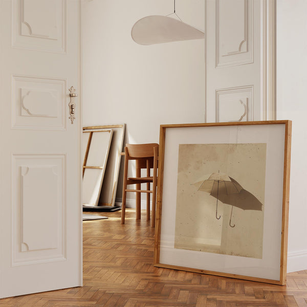 Square conceptual print of a surreal umbrella defying logic