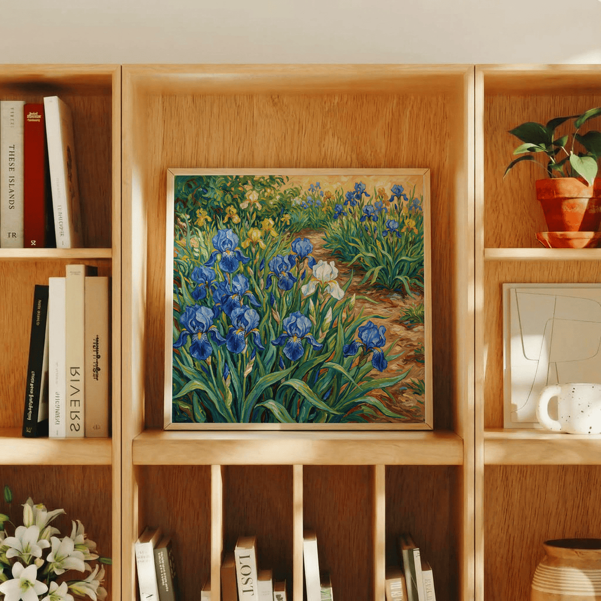 Blue Iris Art Print with blue irises, suited for modern wall art