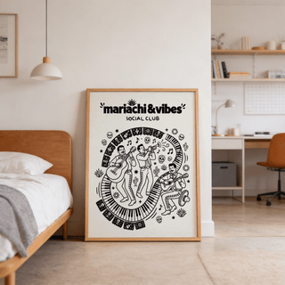 Black and white mariachi band poster with piano-key border and floating music notes