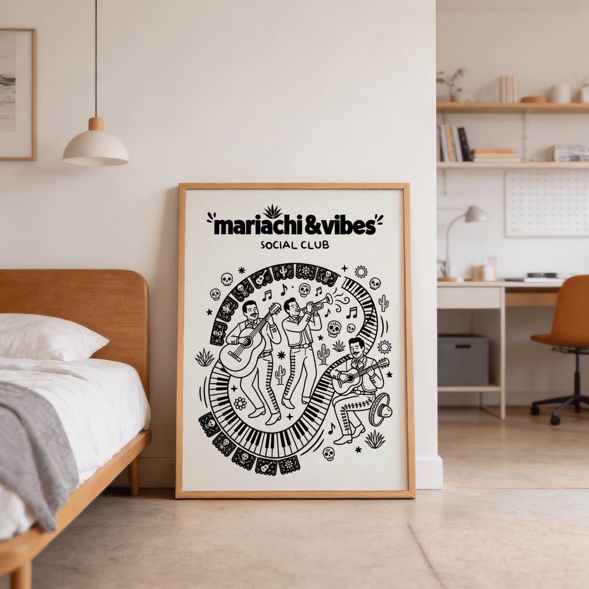 Black and white mariachi band poster with piano-key border and floating music notes