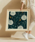 Dandelion meadow wall art featuring white flowers and green tones.