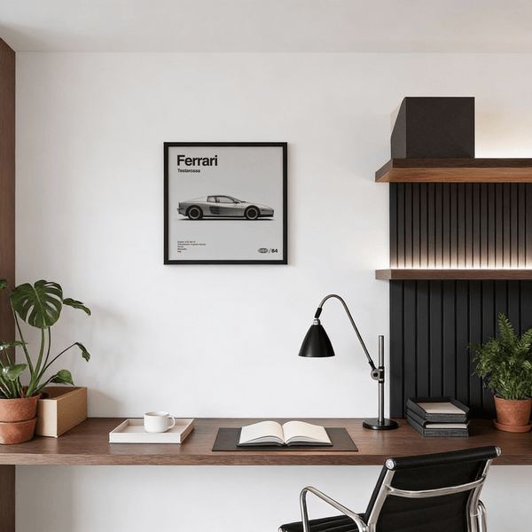 Modern Ferarri Testarossa Wall Art with gray tones for hallway