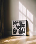 Modern abstract cat print with dotted illustrations.