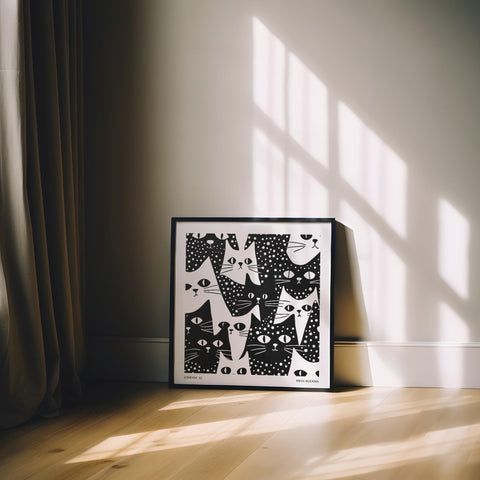 Modern abstract cat print with dotted illustrations.