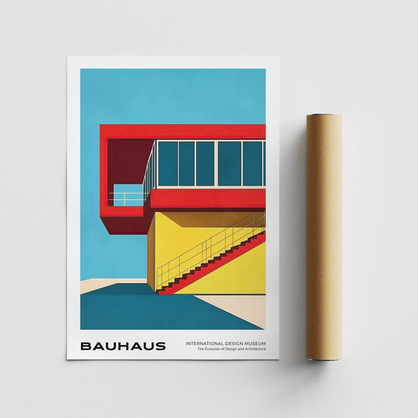Graphic architectural piece with vivid colors for art mid century modern lovers.