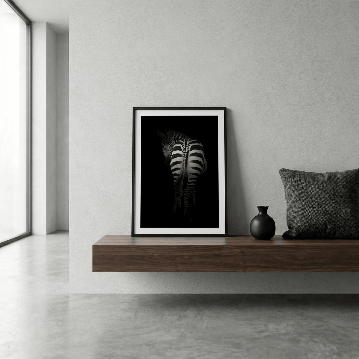 Zebra Art Print featuring rear-view zebra and dark backdrop